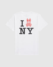 A white Pima cotton jersey T-shirt featuring the text "I [heart] NY" with a twist: instead of a heart, there’s a red cartoon rabbit with crossbones underneath it. The bold black letters and outlined red bunny logo stand out against the plain white background is the MENS NEW YORK TEE - B6U554W1PC from Psycho Bunny.