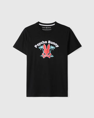 Elevate your style with the MENS BOSTON GRAPHIC TEE by Psycho Bunny, made from luxurious Peruvian Pima cotton. This black T-shirt features "Psycho Bunny" text above a red bunny logo in sunglasses under palm trees, with blue waves below.