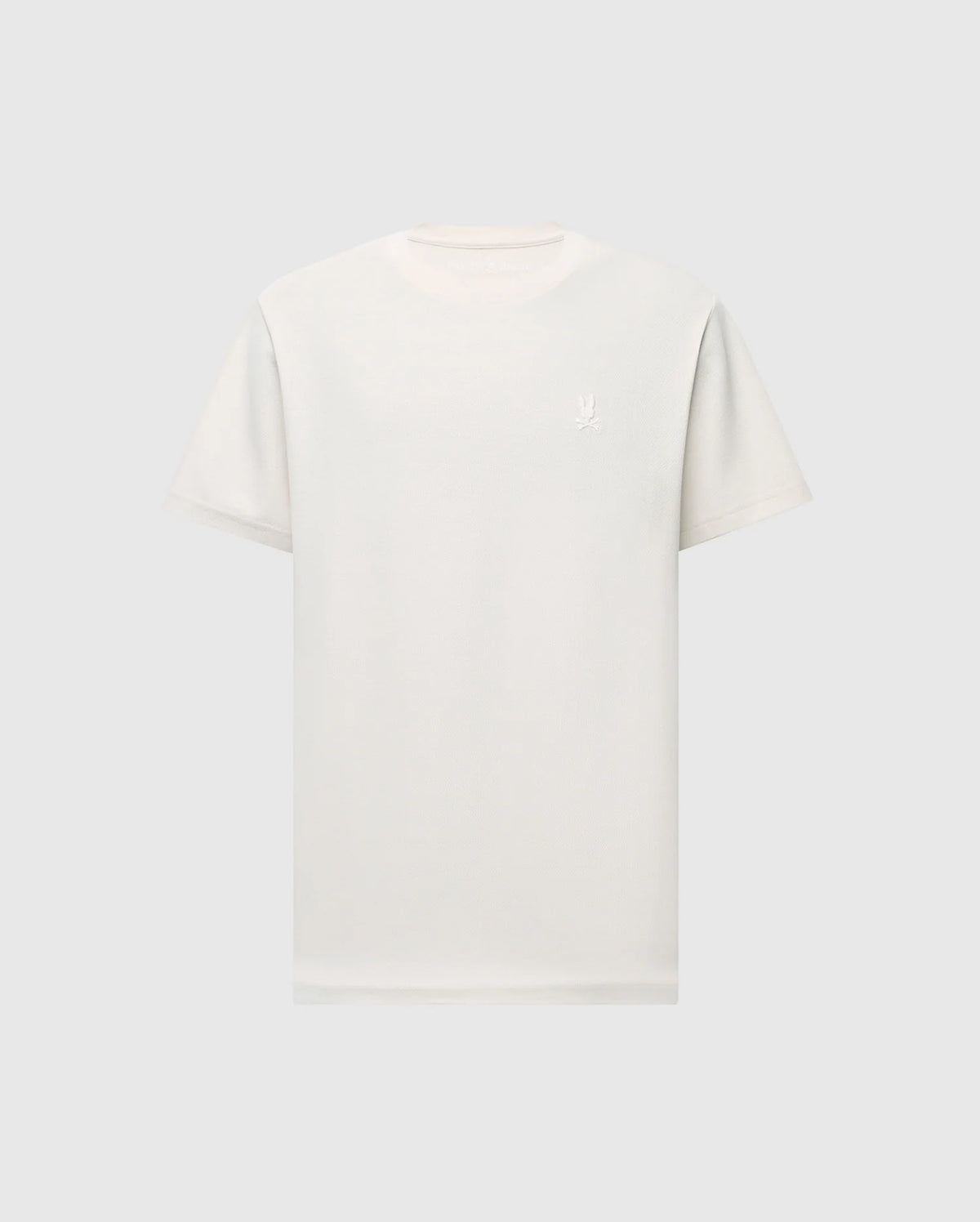 The MENS TAYLOR PIQUE TEE by Psycho Bunny is a plain white, regular fit shirt, made from lightweight Pima cotton with a round neckline and short sleeves. It displays a small, subtle embroidered chest bunny logo on the upper chest and is set against a light gray background.