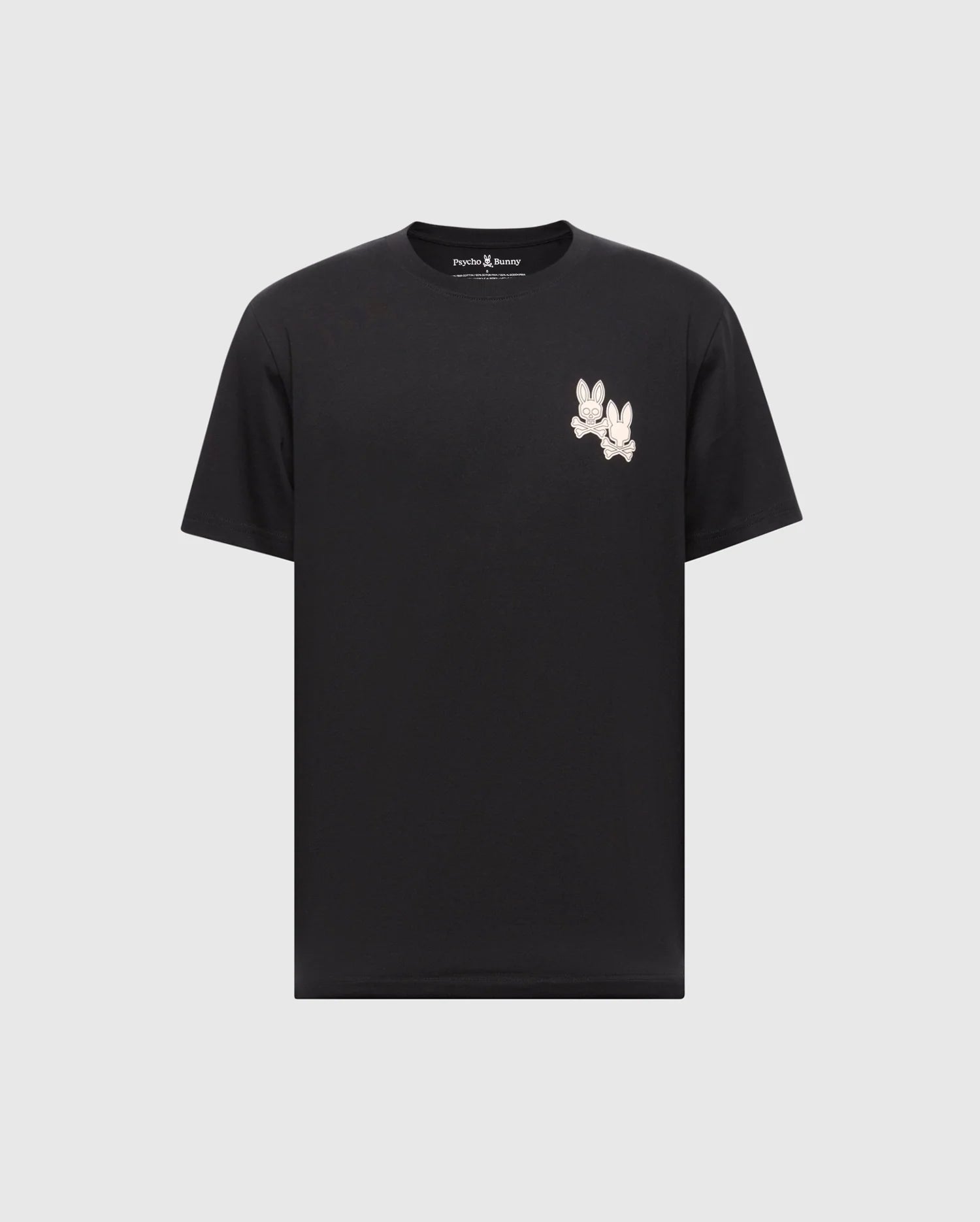The Psycho Bunny MENS ELLIOT FRONT BACK GRAPHIC TEE - B6U605F200 is a black Pima cotton tee featuring a subtle gray background with a small white water-based print of a cartoon rabbit near the left shoulder.