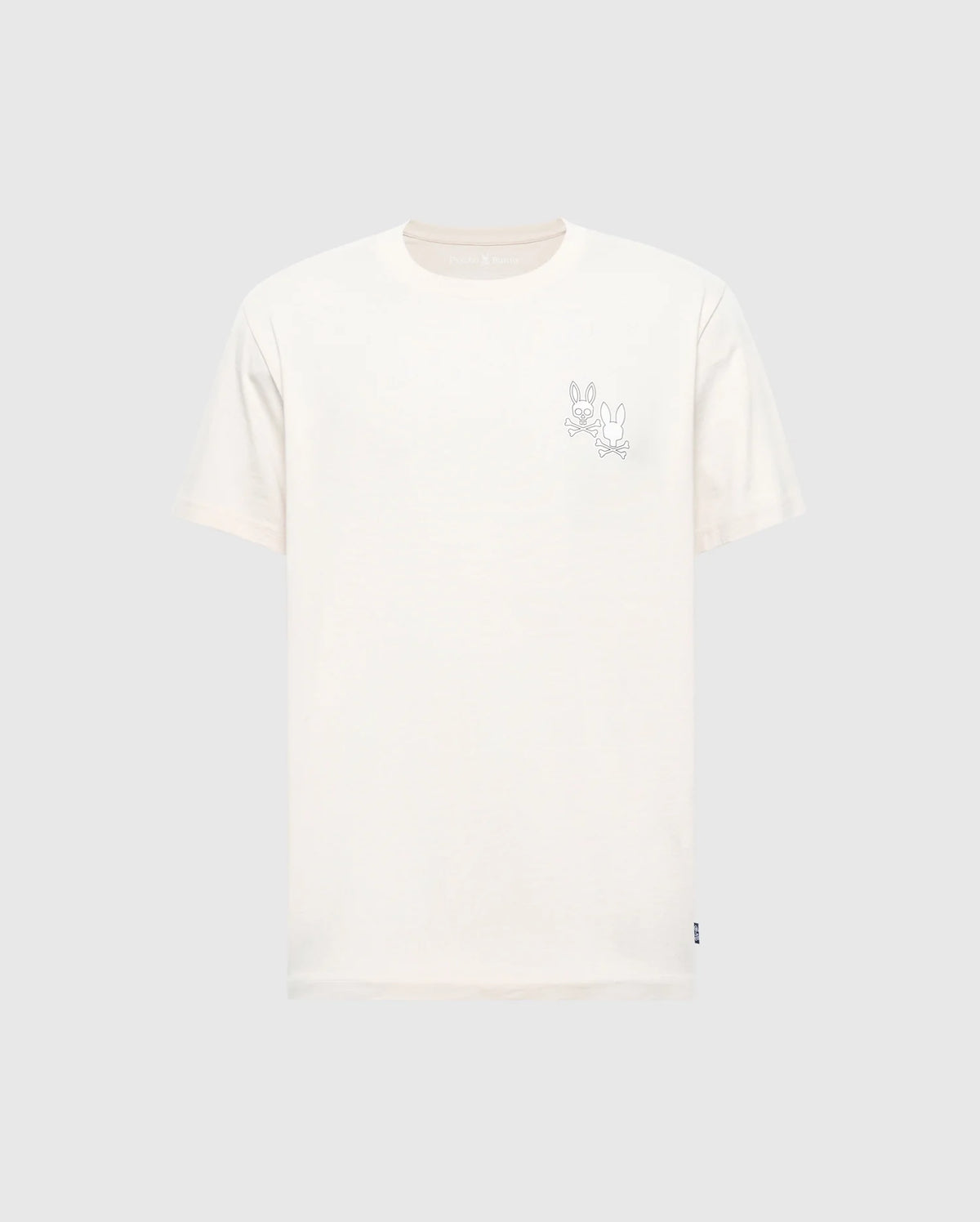 The Psycho Bunny MENS ELLIOT FRONT BACK GRAPHIC TEE - B6U605F200 is a regular fit, off-white short-sleeved Pima cotton T-shirt featuring a minimalist outline of two rabbits on the left chest with a light grey background.