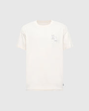 The Psycho Bunny MENS ELLIOT FRONT BACK GRAPHIC TEE - B6U605F200 is a regular fit, off-white short-sleeved Pima cotton T-shirt featuring a minimalist outline of two rabbits on the left chest with a light grey background.