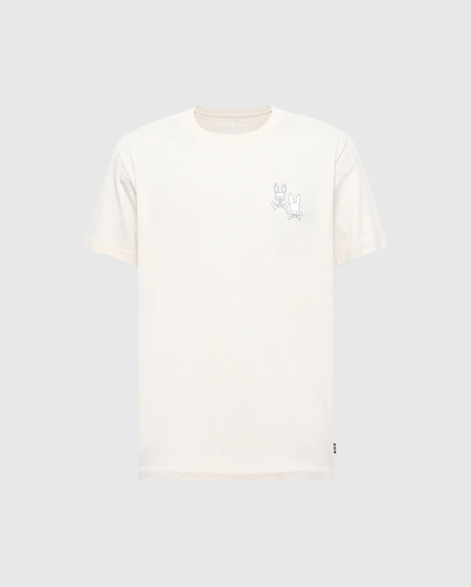 The Psycho Bunny MENS ELLIOT FRONT BACK GRAPHIC TEE - B6U605F200 is a regular fit, off-white short-sleeved Pima cotton T-shirt featuring a minimalist outline of two rabbits on the left chest with a light grey background.