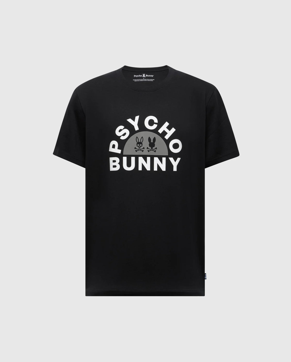 The MENS GOLDIE GRAPHIC TEE - B6U606F200 by Psycho Bunny features "Psycho Bunny" in large white letters across the chest with a bunny graphic. Made from premium Pima cotton, this black tee combines comfort and style.