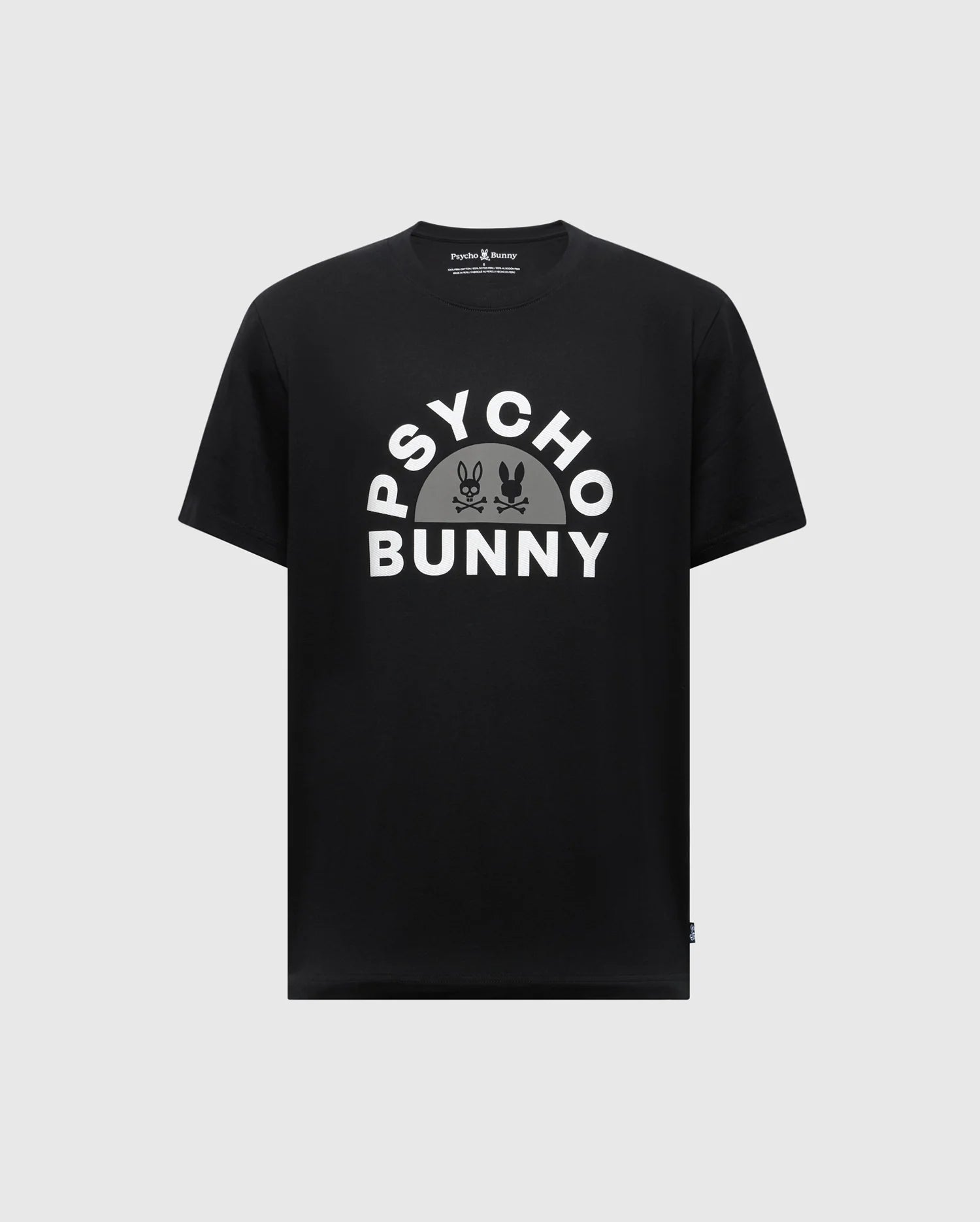 The MENS GOLDIE GRAPHIC TEE - B6U606F200 by Psycho Bunny features "Psycho Bunny" in large white letters across the chest with a bunny graphic. Made from premium Pima cotton, this black tee combines comfort and style.