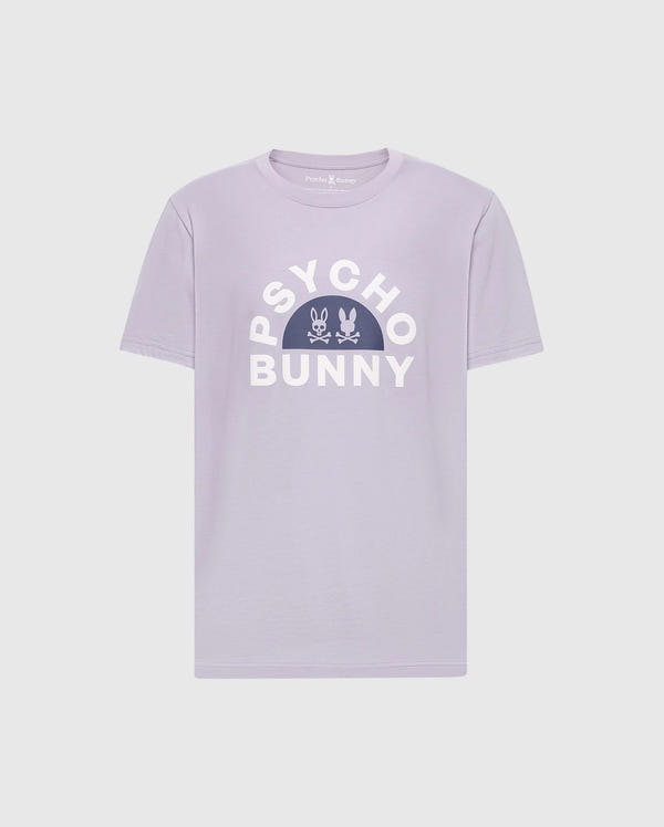 The Men's Goldie Graphic Tee by Psycho Bunny, featuring soft Pima cotton, displays a bold white "Psycho Bunny" text and a striking bunny graphic with crossed bones printed centrally.