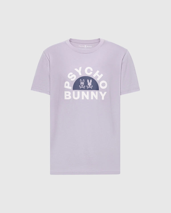 The Men's Goldie Graphic Tee by Psycho Bunny, featuring soft Pima cotton, displays a bold white "Psycho Bunny" text and a striking bunny graphic with crossed bones printed centrally.