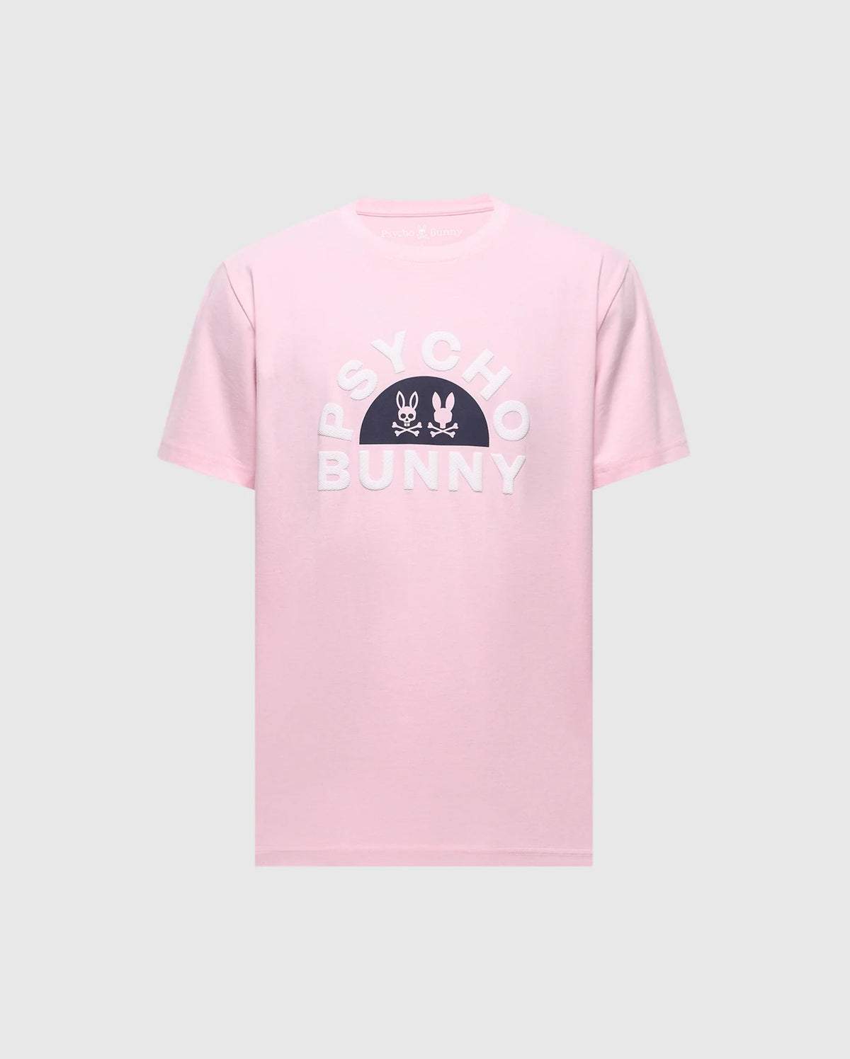 Experience the Psycho Bunny Men's Goldie Graphic Tee, crafted in luxurious pink Peruvian Pima cotton. It features "PSYCHO BUNNY" in white and two distinctive bunny heads centered on the chest against a plain background.