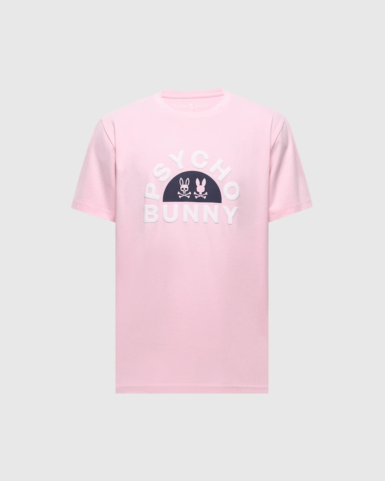 Experience the Psycho Bunny Men's Goldie Graphic Tee, crafted in luxurious pink Peruvian Pima cotton. It features "PSYCHO BUNNY" in white and two distinctive bunny heads centered on the chest against a plain background.