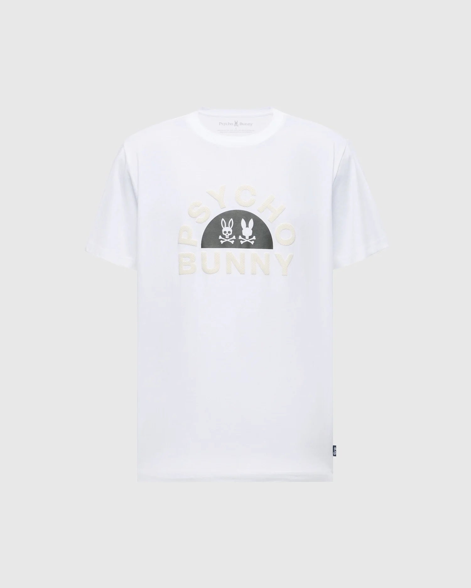 The MENS GOLDIE GRAPHIC TEE - B6U606F200 by Psycho Bunny features "Psycho Bunny" text and two bunny silhouettes on the front, made from soft Pima cotton for comfort.