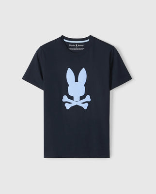 The Psycho Bunny MENS HOUSTON GRAPHIC TEE - B6U607C200 boasts a striking bunny graphic, featuring a stylized white bunny head above crossed bones on the front. Crafted from soft Pima cotton, it offers both comfort and an edgy style.