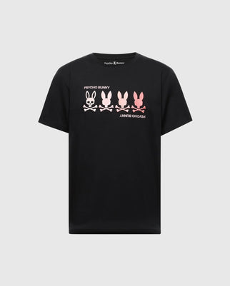The Men's Oceania Embroidered Graphic Tee by Psycho Bunny features an embroidered bunny graphic with five logo variations. Each skull and crossbones shifts from white to pink, offering retro vibes, with "PSYCHO BUNNY" elegantly placed above and below.