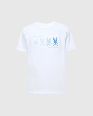 Add playful sophistication to your wardrobe with the Psycho Bunny MENS OCEANIA EMBROIDERED GRAPHIC TEE - B6U607F200, featuring a charming embroidered bunny graphic and a row of cartoon bunny silhouettes in blue shades across the chest on a neutral gray background.