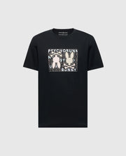 Psycho Bunny's MENS GOLD COAST GRAPHIC TEE (B6U631F200) is a black, classic fit t-shirt made from premium Pima cotton, featuring a square graphic with two abstract bunny figures and repeating "Psycho Bunny" text in the background.
