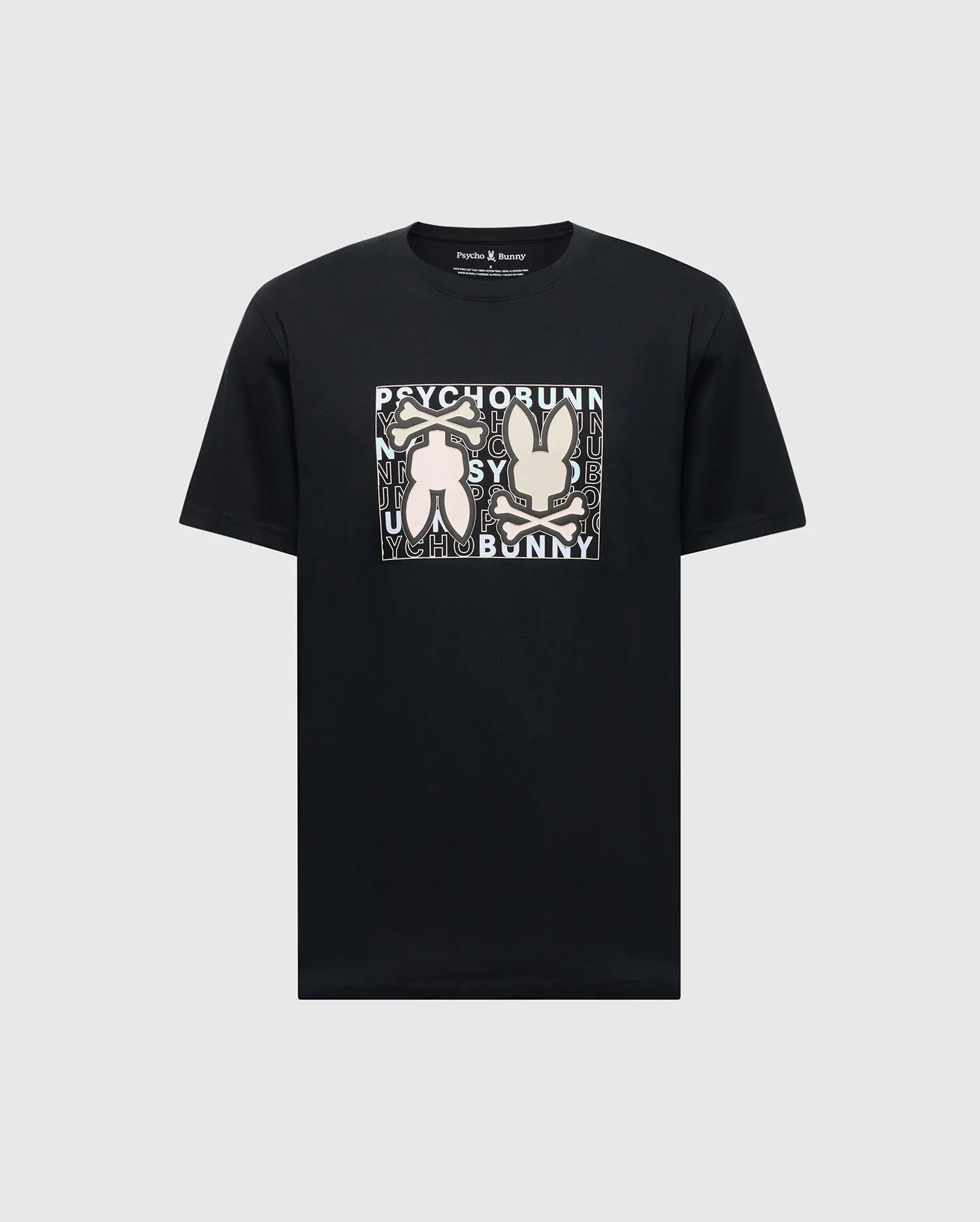 Psycho Bunny's MENS GOLD COAST GRAPHIC TEE (B6U631F200) is a black, classic fit t-shirt made from premium Pima cotton, featuring a square graphic with two abstract bunny figures and repeating "Psycho Bunny" text in the background.