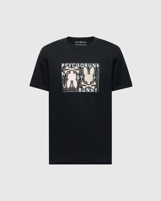 Psycho Bunny's MENS GOLD COAST GRAPHIC TEE (B6U631F200) is a black, classic fit t-shirt made from premium Pima cotton, featuring a square graphic with two abstract bunny figures and repeating "Psycho Bunny" text in the background.