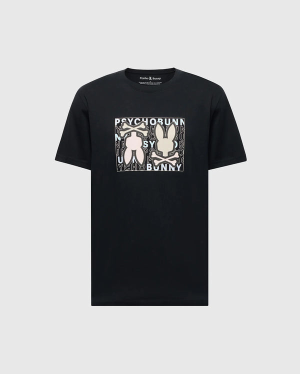 Psycho Bunny's MENS GOLD COAST GRAPHIC TEE (B6U631F200) is a black, classic fit t-shirt made from premium Pima cotton, featuring a square graphic with two abstract bunny figures and repeating "Psycho Bunny" text in the background.