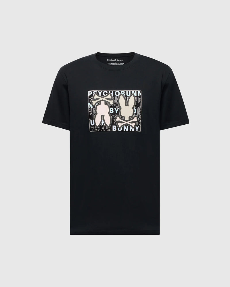 Psycho Bunny's MENS GOLD COAST GRAPHIC TEE (B6U631F200) is a black, classic fit t-shirt made from premium Pima cotton, featuring a square graphic with two abstract bunny figures and repeating "Psycho Bunny" text in the background.