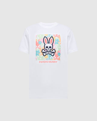 The MENS LEMORA GRAPHIC TEE - B6U657F200 by Psycho Bunny is a white, regular-fit Pima cotton T-shirt with a colorful camouflage print. It features a cartoon bunny above crossbones and "Psycho Bunny" in pink text, all in a durable water-based print.