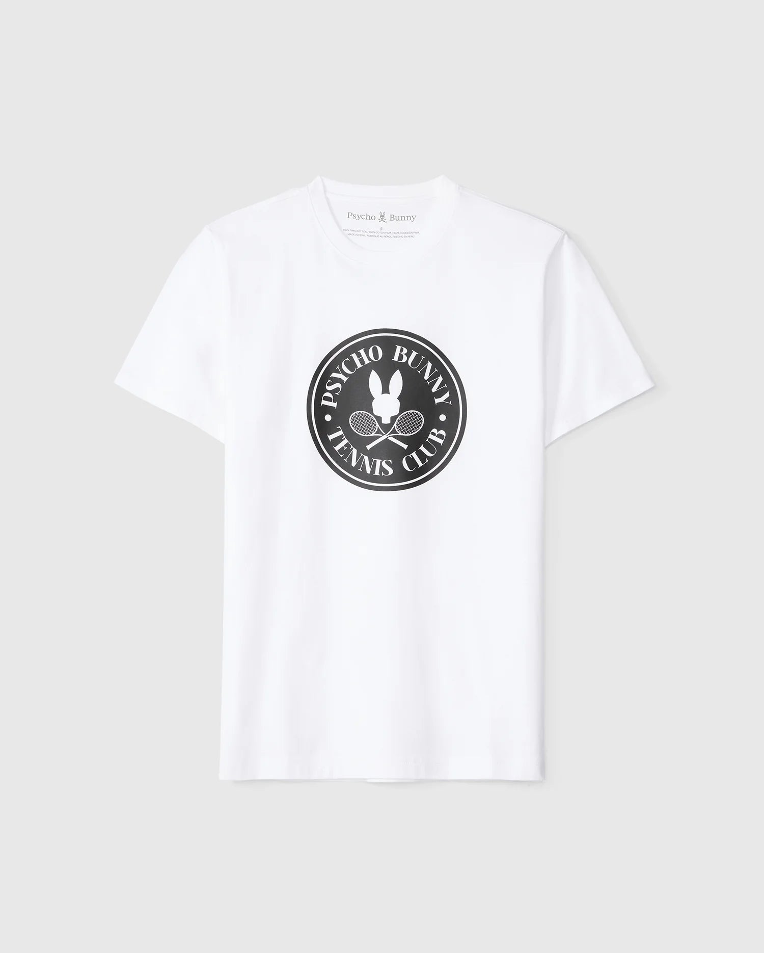 Introducing the MENS COURTSIDE GRAPHIC TEE - B6U683C200 by Psycho Bunny: This white graphic tee showcases a striking black circular design featuring a bunny and tennis rackets. Crafted from premium Pima cotton jersey, it proudly displays the 