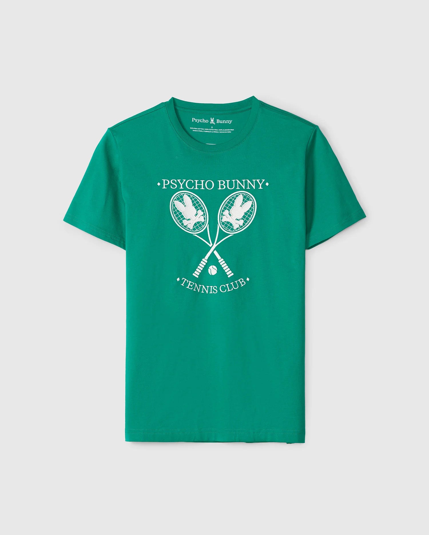 Introducing the MENS COURTSIDE GRAPHIC TEE - B6U684C200 by Psycho Bunny, a green Pima cotton jersey T-shirt showcasing the phrase 