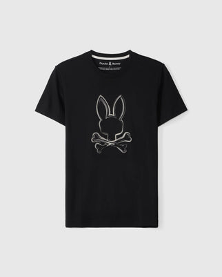 The Psycho Bunny MENS VINCENT GRAPHIC TEE - B6U713D200 is a black Pima cotton t-shirt featuring a stylized bunny head above two crossing bones in a skull-and-crossbones design. The bunny and bones are outlined in a lighter color, creating a striking contrast against the durable fabric.