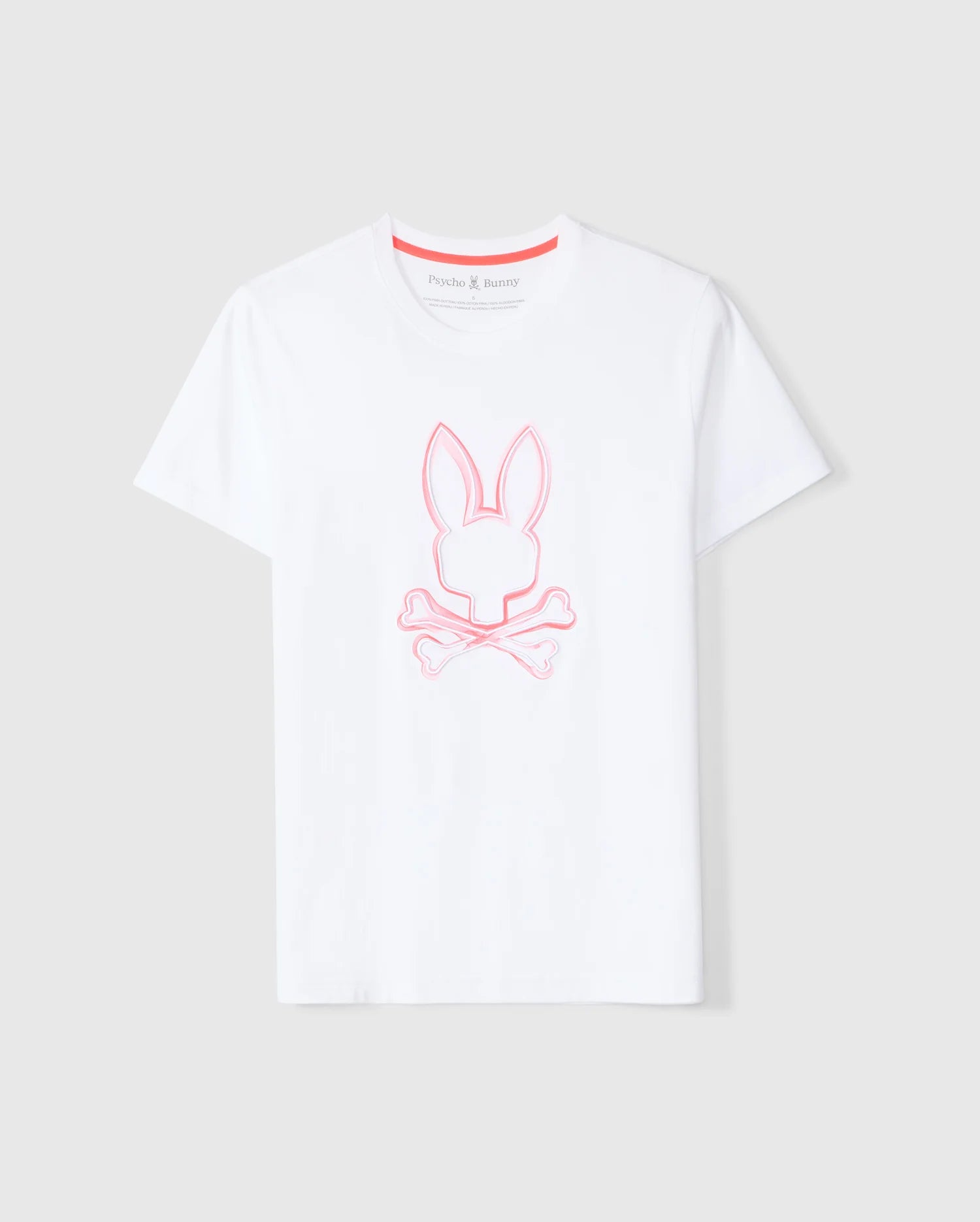 The MENS VINCENT GRAPHIC TEE - B6U713D200 by Psycho Bunny is crafted from soft Pima cotton and showcases a pink outlined bunny head above crossed bones on the front. Its durable style pops against a plain gray backdrop, making it an essential piece for any contemporary wardrobe.