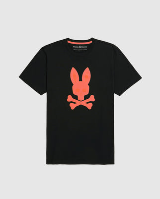 The Psycho Bunny MENS CLEVELAND GRAPHIC TEE - B6U764Z1PC is a black T-shirt made from Peruvian Pima cotton, showcasing a vibrant pink skull with bunny ears and crossbones in an HD Bunny print on the front.