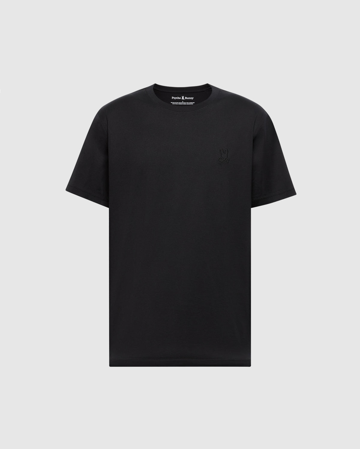 The MENS JAMES PREMIUM CREW NECK TEE by Psycho Bunny is a plain black T-shirt made from soft Pima cotton, featuring short sleeves and a crew neckline with premium embroidery on the left chest.