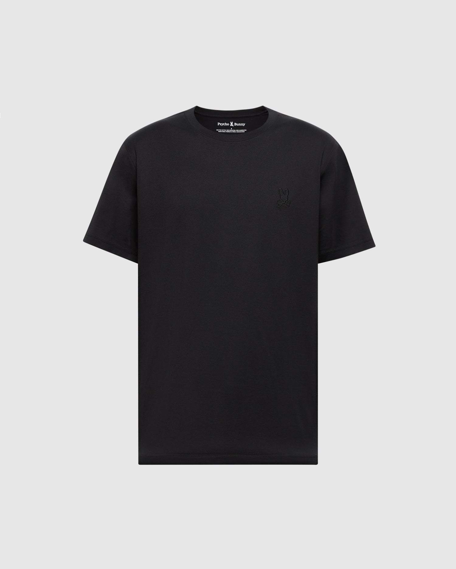 The MENS JAMES PREMIUM CREW NECK TEE by Psycho Bunny is a plain black T-shirt made from soft Pima cotton, featuring short sleeves and a crew neckline with premium embroidery on the left chest.