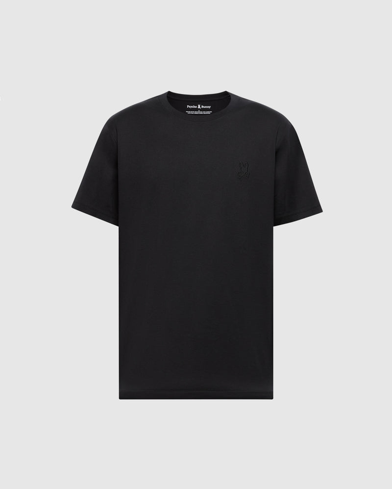 The MENS JAMES PREMIUM CREW NECK TEE by Psycho Bunny is a plain black T-shirt made from soft Pima cotton, featuring short sleeves and a crew neckline with premium embroidery on the left chest.