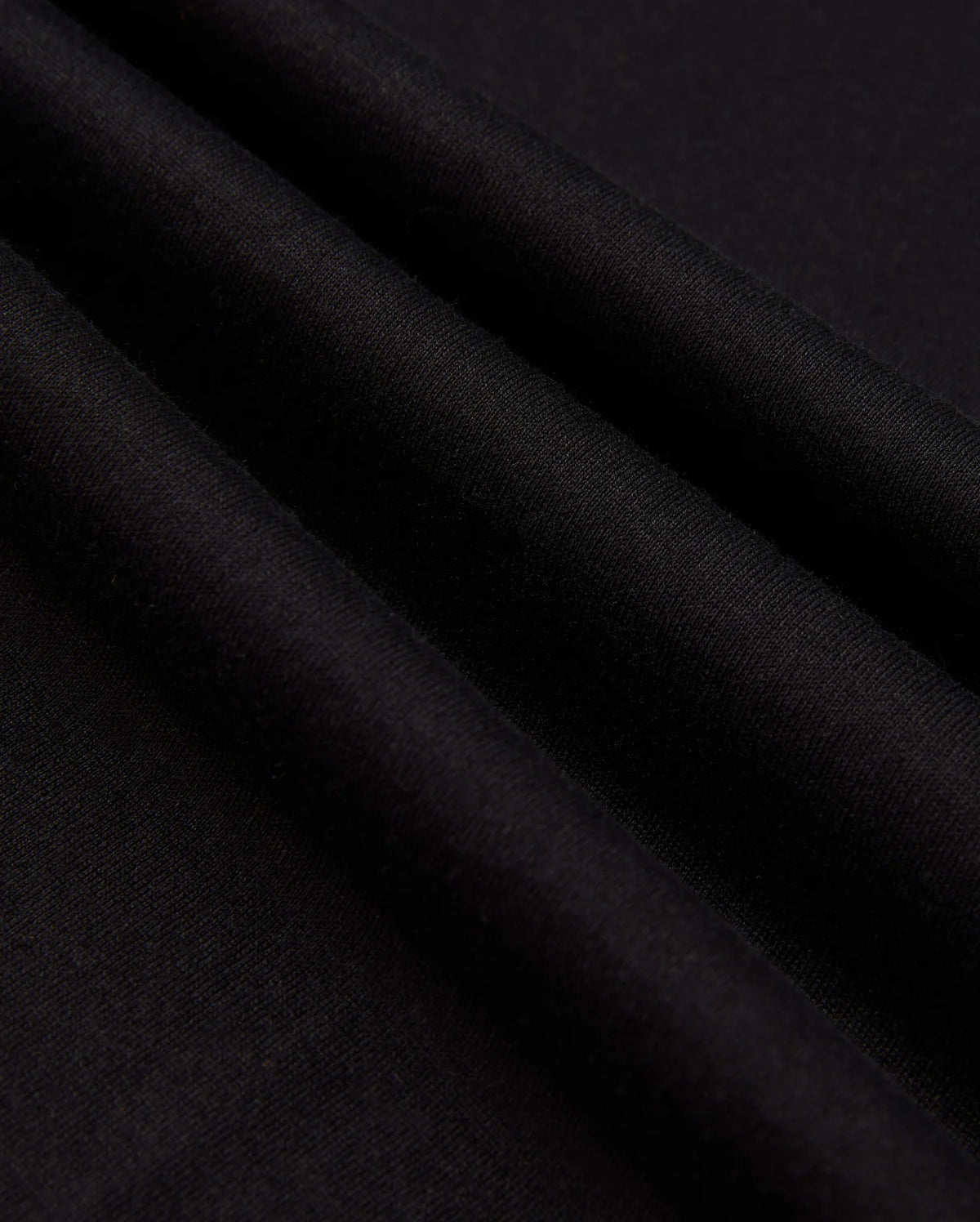 Close-up of the neatly folded black Pima cotton fabric with a soft texture. Three prominent folds create shadows, emphasizing the smooth material. The image highlights the quality and richness of Psycho Bunny's MENS JAMES PREMIUM CREW NECK TEE - B6U952D200, showcasing its sleek and elegant appearance.
