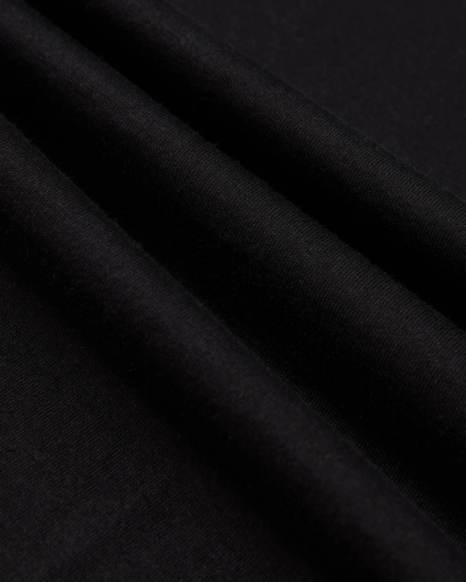 Close-up of the neatly folded black Pima cotton fabric with a soft texture. Three prominent folds create shadows, emphasizing the smooth material. The image highlights the quality and richness of Psycho Bunny's MENS JAMES PREMIUM CREW NECK TEE - B6U952D200, showcasing its sleek and elegant appearance.