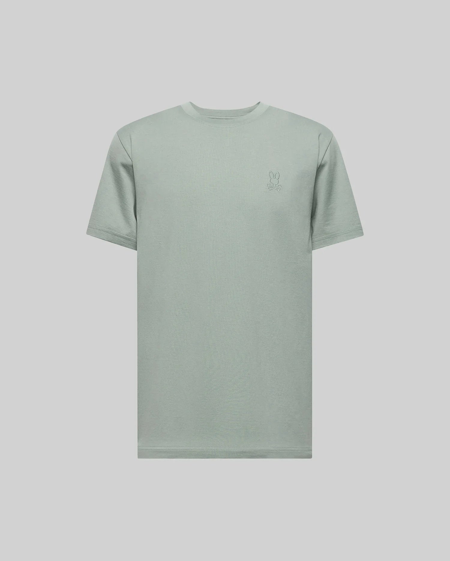 The Psycho Bunny MENS JAMES PREMIUM CREW NECK TEE (B6U952D200) is a light green Pima cotton short-sleeve t-shirt featuring a small, embroidered bunny logo on the left chest.