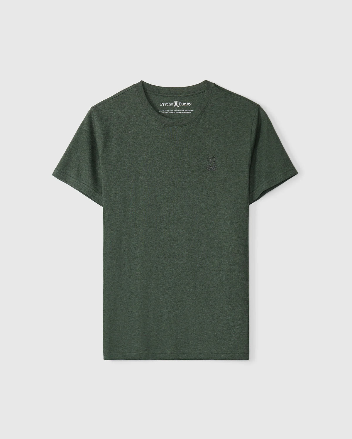 Displayed against a white background, the Psycho Bunny MENS JAMES PREMIUM CREW NECK TEE (B6U952D200) is a dark green, short-sleeve T-shirt made from soft cotton. It features a stylish crew neck and a subtle embroidered emblem on the left chest area.