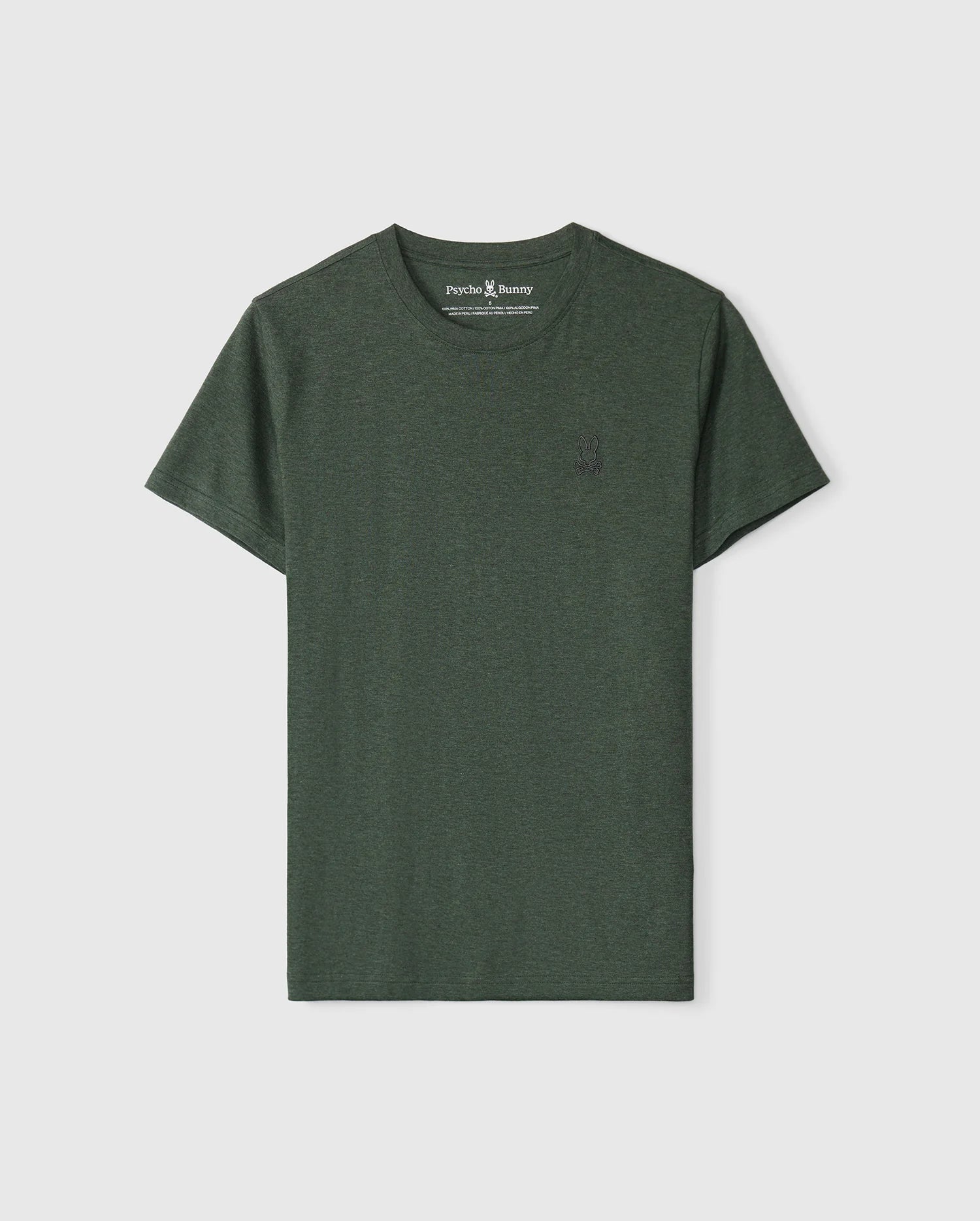 Displayed against a white background, the Psycho Bunny MENS JAMES PREMIUM CREW NECK TEE (B6U952D200) is a dark green, short-sleeve T-shirt made from soft cotton. It features a stylish crew neck and a subtle embroidered emblem on the left chest area.