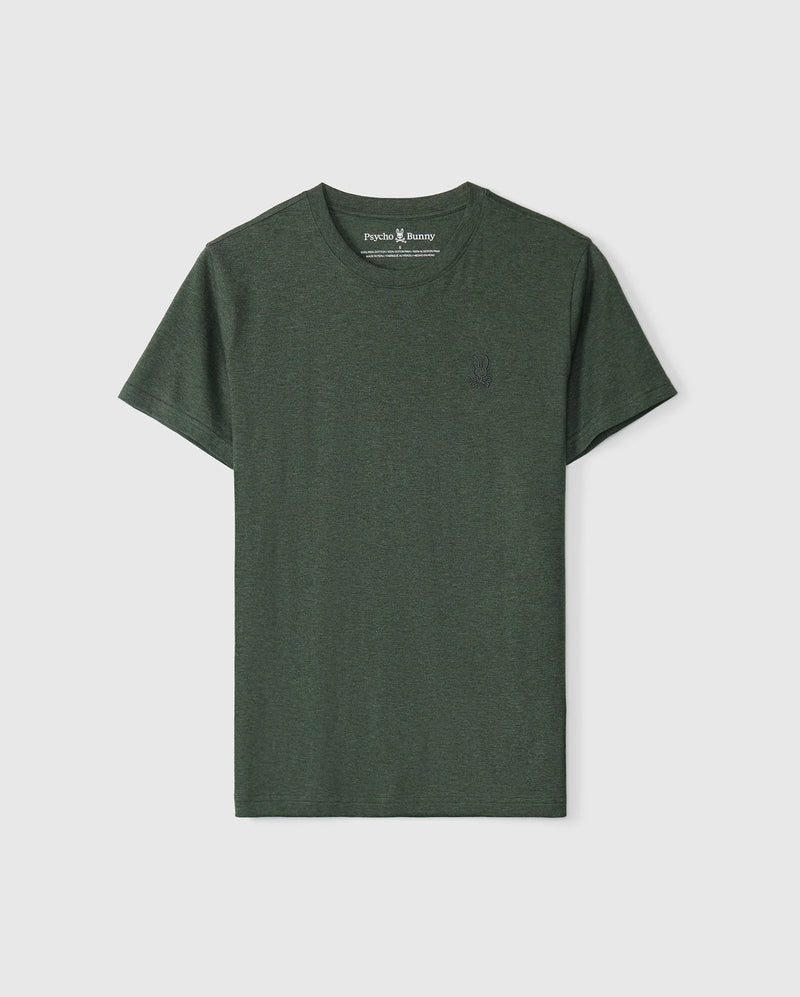 Displayed against a white background, the Psycho Bunny MENS JAMES PREMIUM CREW NECK TEE (B6U952D200) is a dark green, short-sleeve T-shirt made from soft cotton. It features a stylish crew neck and a subtle embroidered emblem on the left chest area.