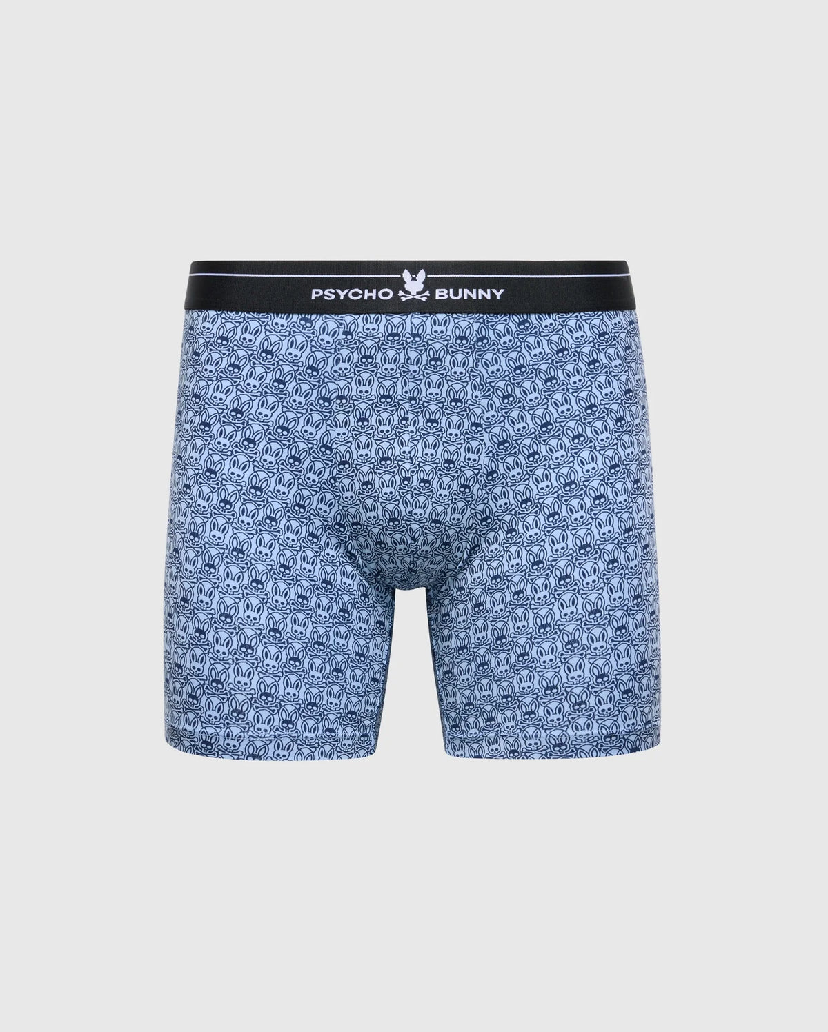 The MENS 2 PACK BOXER BRIEF - B6V481F200 by Psycho Bunny features blue Pima cotton-Modal blend boxer briefs. They ensure all-day comfort with a black waistband displaying the "Psycho Bunny" logo, and have a textured repeating pattern on a light gray background.