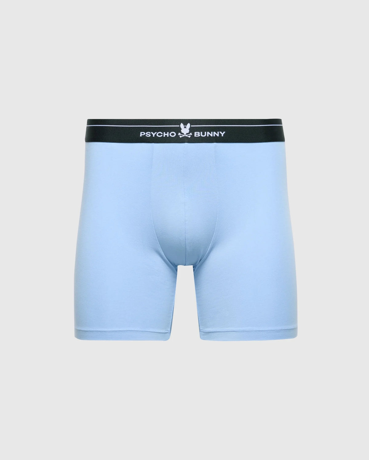 Light blue boxer briefs crafted from a soft Modal blend with a black waistband featuring the white "Psycho Bunny" text. A small stylized bunny logo adorns the center of the waistband on a plain gray background. Product: MENS 2 PACK BOXER BRIEF - B6V481F200 by Psycho Bunny.