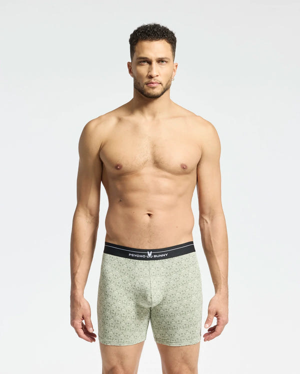 A man with short curly hair models light green patterned MENS 2 PACK BOXER BRIEF - B6V481F200 made from breathable stretch Pima cotton against a white background, looking at the camera. The waistband showcases the Psycho Bunny logo.