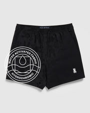 The Psycho Bunny MENS MALTA HYDROCHROMIC SWIM TRUNK (B6W321B2SW) features black fabric with a subtle bunny pattern, a small white logo on the left leg, and a "Water Activated Fabric Hydrochromic" circular graphic with a droplet icon.