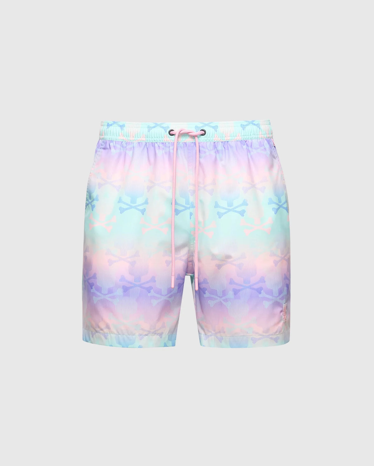 The Psycho Bunny MENS FORSTER BUNNY PRINTED SWIM TRUNK (B6W621F200) features a dreamy pastel palette with light blue, pink, and purple gradients and subtle stars on light gray, enhanced by a drawstring waistband—perfect for an ocean view.