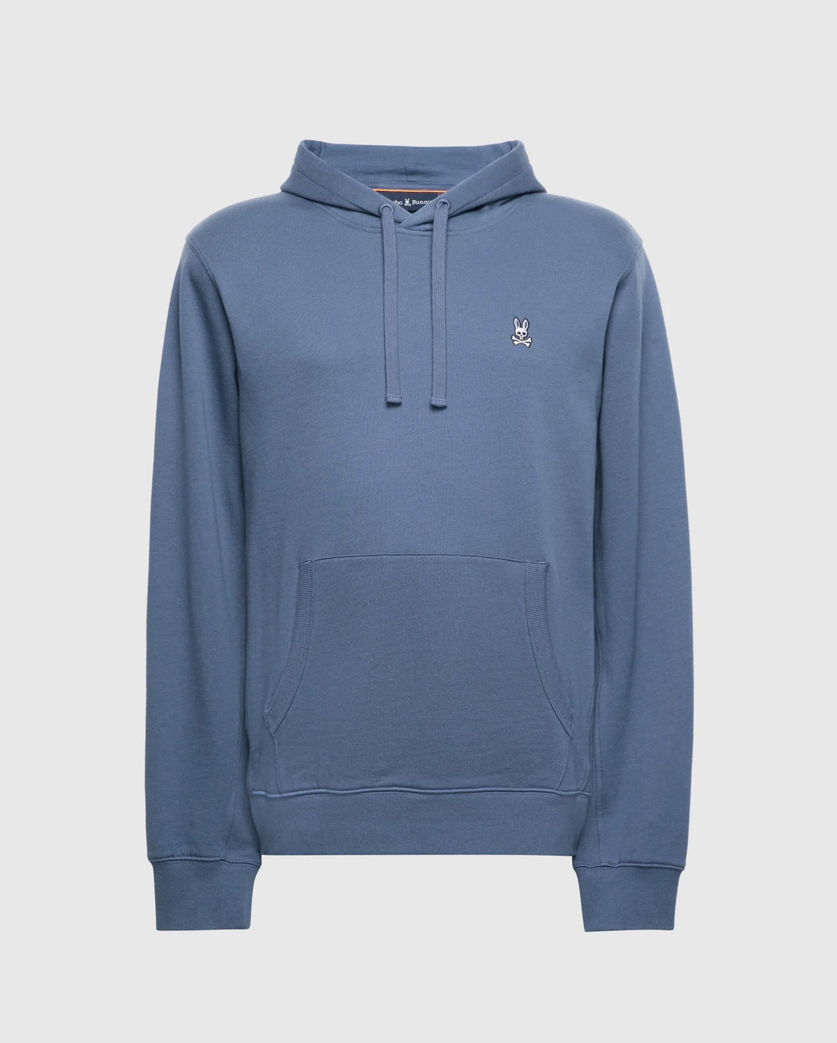 The Psycho Bunny MENS BIG AND TALL LEVY ESSENTIAL FLEECE HOODIE - B9H859D200 is a blue, 100% cotton sweatshirt with a front pocket, drawstrings, and a white bunny logo. Pair it with the matching set for a coordinated look.