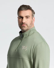 A bearded man with short hair models the Psycho Bunny MENS BIG AND TALL DESERT 1/4 MOCK ZIP - B9S488F200, highlighting its light green cotton paneled design and small chest logo, against a plain, light background.