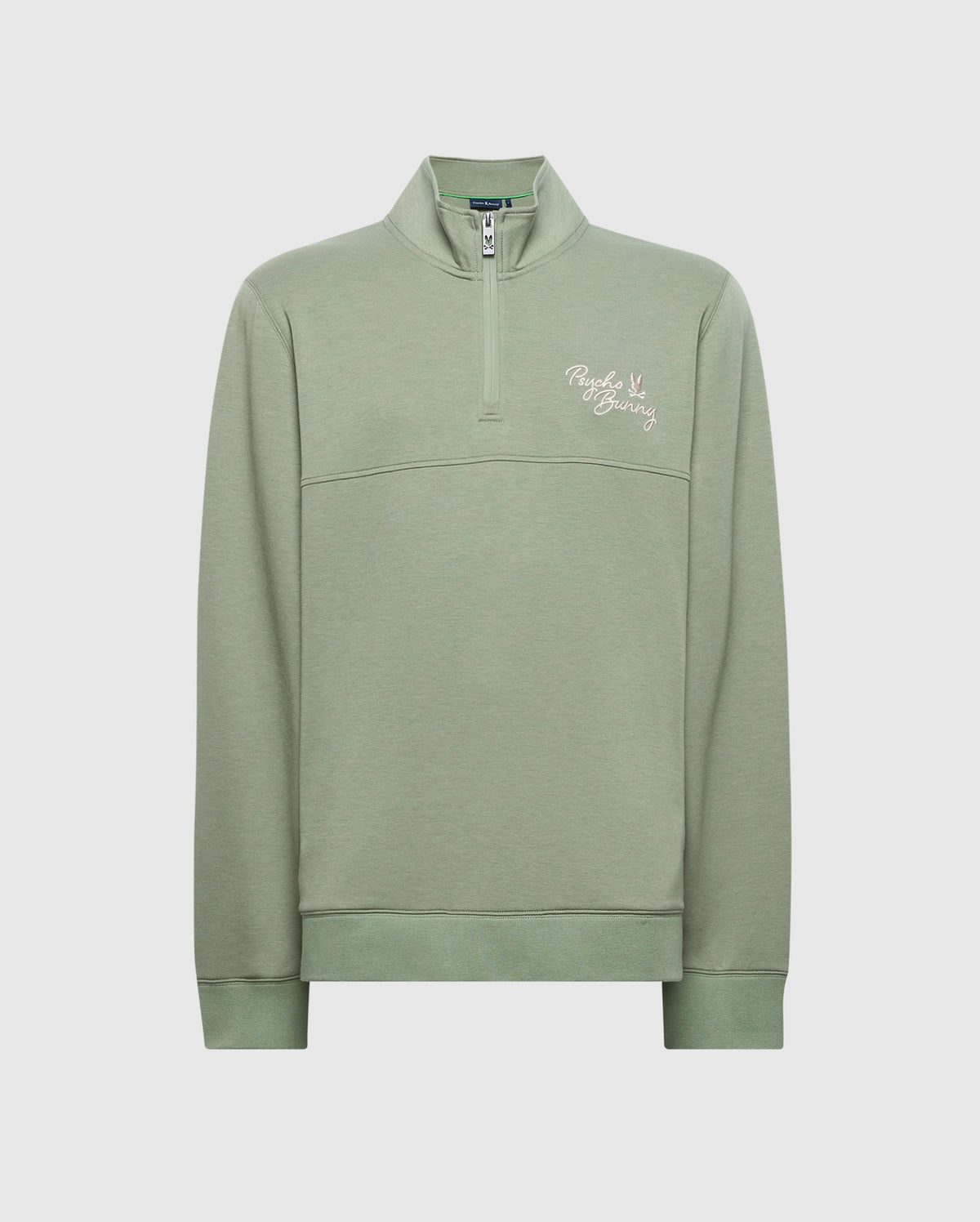 The Psycho Bunny MENS BIG AND TALL DESERT 1/4 MOCK ZIP, model B9S488F200, is a light green cotton sweatshirt with paneled construction, long sleeves, and a small embroidered chest logo, showcased on a plain white background.