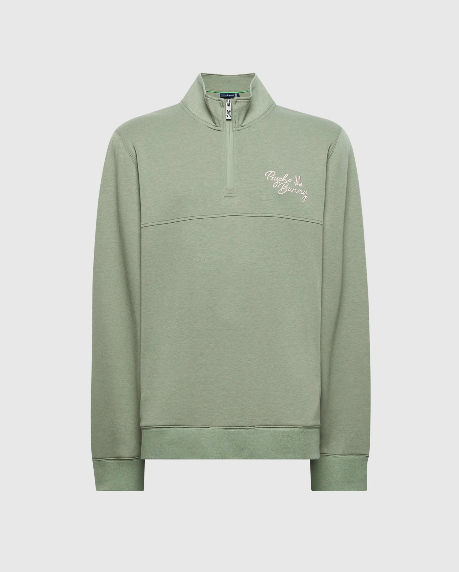 The Psycho Bunny MENS BIG AND TALL DESERT 1/4 MOCK ZIP, model B9S488F200, is a light green cotton sweatshirt with paneled construction, long sleeves, and a small embroidered chest logo, showcased on a plain white background.