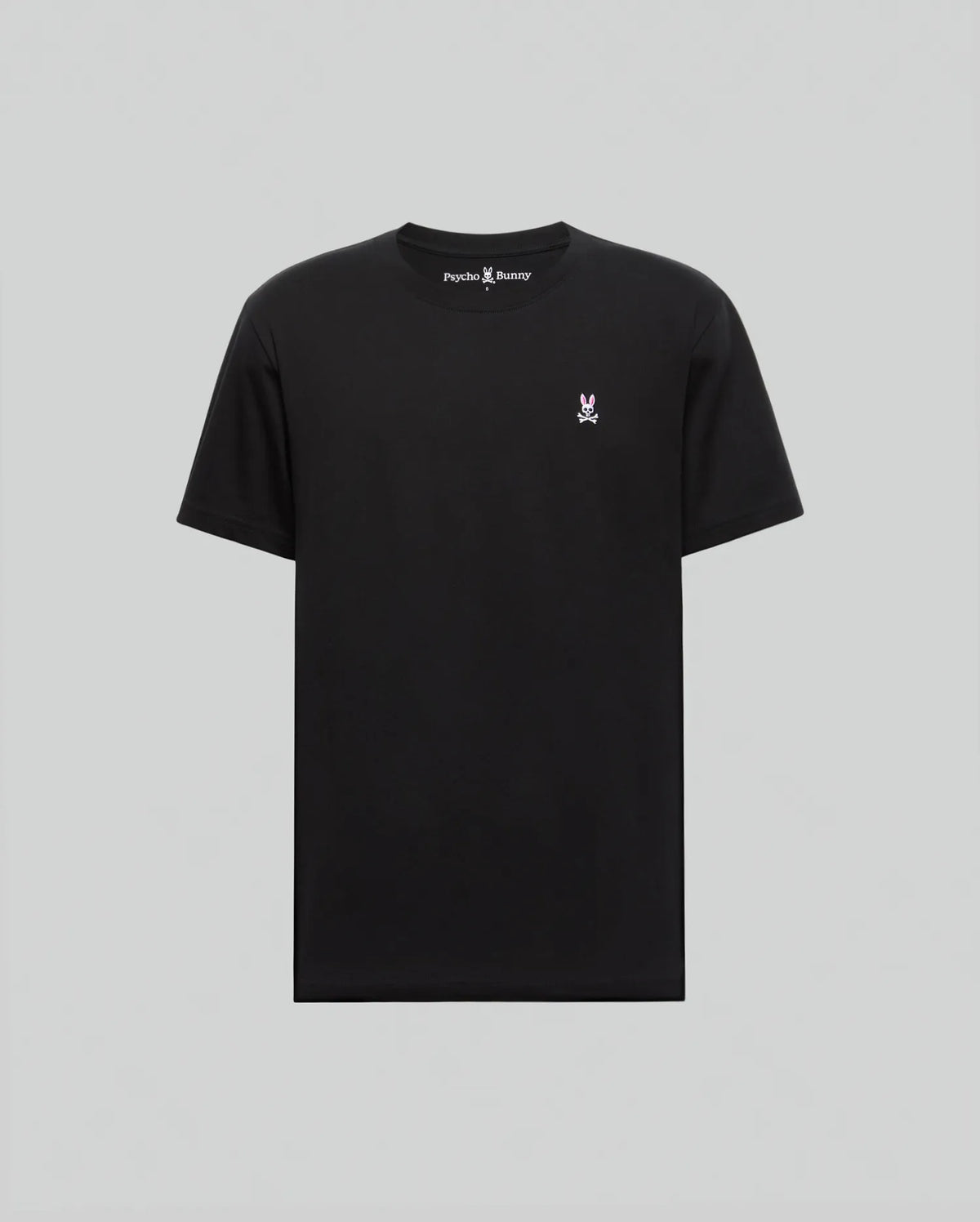The Psycho Bunny MENS BIG AND TALL CLASSIC CREW NECK TEE (B9U014CRPC) is a black 100% Pima cotton tee featuring a small white and pink bunny logo on the left chest with "Psyny Bunny" text inside the collar, shown on a light gray background.