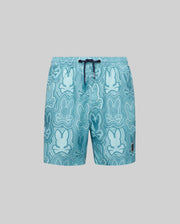 The Psycho Bunny KIDS CHUCK ALL OVER PRINT LIGHTWEIGHT SWIM TRUNK (KB1000002) features recycled polyester in light blue, a dark blue drawstring, and an abstract Bunny print in various blue shades on gray.