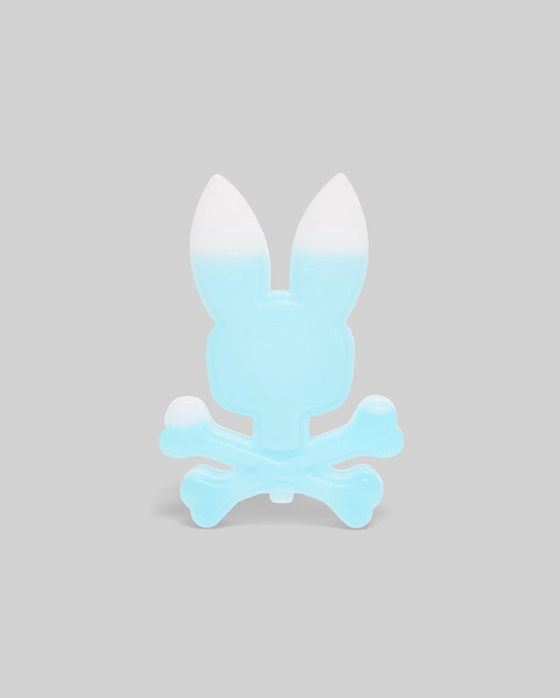 A light blue, translucent bunny with upright ears sits above crossed bones in a playful skull-and-crossbones style, like the mascot of the Psycho Bunny ICE PACK (KO2400001), set against a plain gray background.