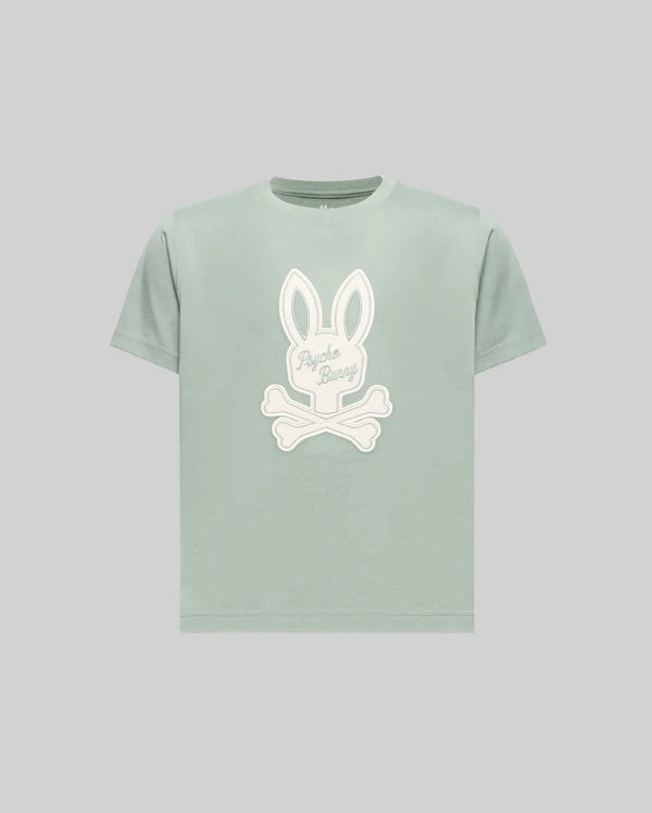 The KIDS DEREK CENTER GRAPHIC TEE (KT0200006) by Psycho Bunny is a light green, regular fit Pima cotton t-shirt with short sleeves, featuring a large embroidered bunny head and "Psycho Bunny" text on the front.
